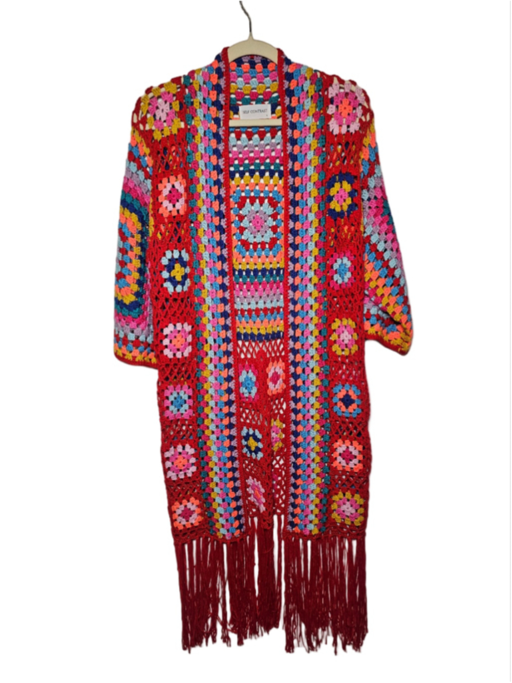 Self Contrast Duster Cardigan Red Crochet Granny Square Small NWOT Boho Fringe
